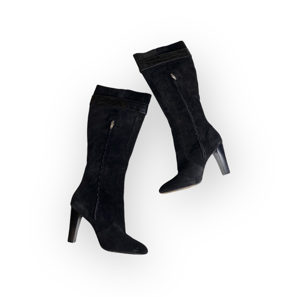 Michael Kors โ Embossed Buckled Tall Heeled Boots โ Rich Black Suede โ 6M โ Hot - Picture 7 of 16